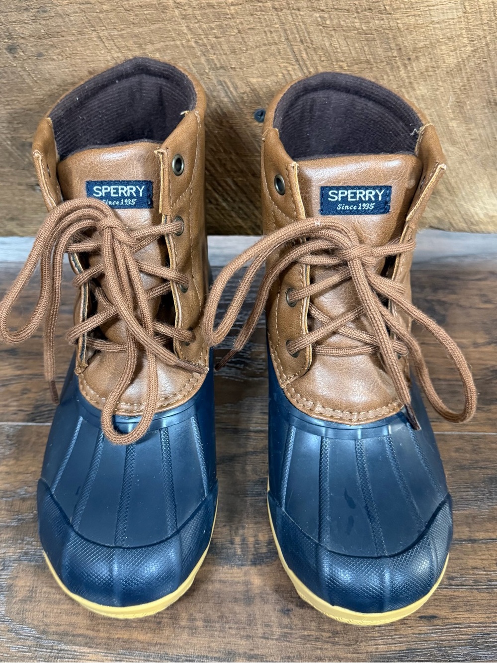 Sperry Kids Port Duck Junior Brown and Navy Waterproof Duck Boots